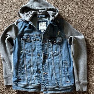 Hollister Blue Denim Jacket with Gray Hood